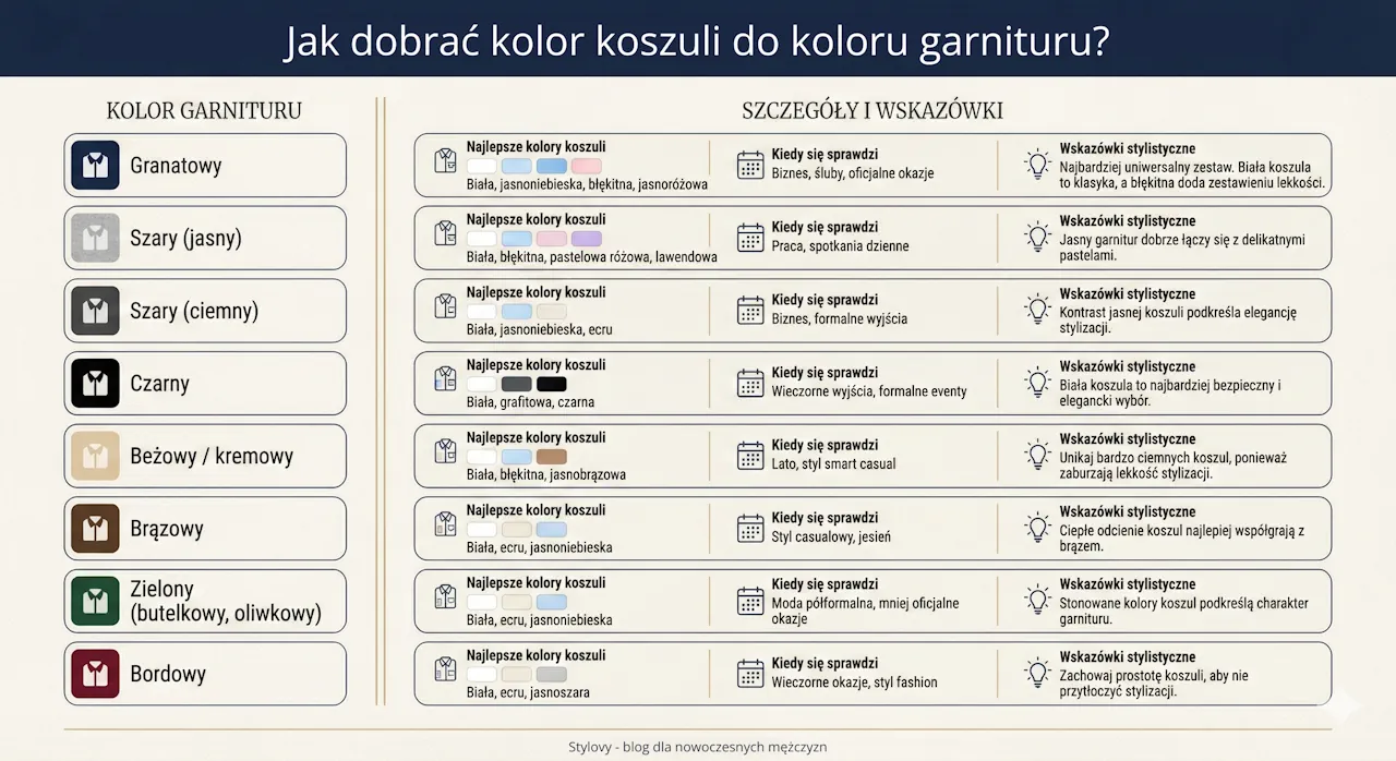 Kolor koszuli oraz zaproponowane kolory które najbardziej odpowiadają oraz wskazówki na jakie okazje się sprawdzą